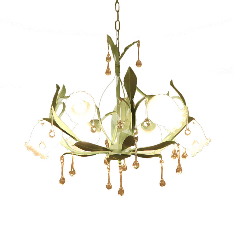 Korean Garden Floral Chandelier Light 3/6/8 Bulbs Opaline Glass LED Pendant Lighting in Pink/Green for Living Room Clearhalo 'Ceiling Lights' 'Chandeliers' 'Glass shade' 'Glass' Lighting' 465170