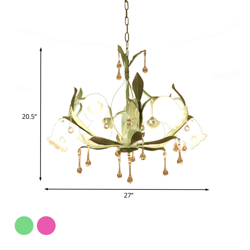 Korean Garden Floral Chandelier Light 3/6/8 Bulbs Opaline Glass LED Pendant Lighting in Pink/Green for Living Room Clearhalo 'Ceiling Lights' 'Chandeliers' 'Glass shade' 'Glass' Lighting' 465171