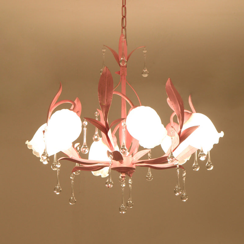 Korean Garden Floral Chandelier Light 3/6/8 Bulbs Opaline Glass LED Pendant Lighting in Pink/Green for Living Room 6 Pink Clearhalo 'Ceiling Lights' 'Chandeliers' 'Glass shade' 'Glass' Lighting' 465172