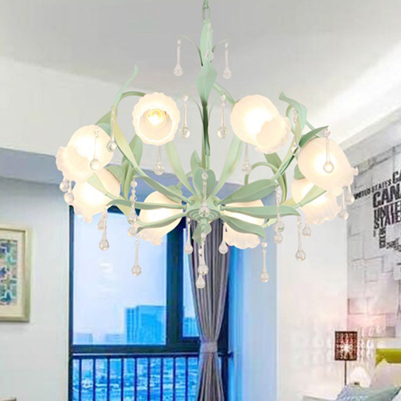 Korean Garden Floral Chandelier Light 3/6/8 Bulbs Opaline Glass LED Pendant Lighting in Pink/Green for Living Room 8 Green Clearhalo 'Ceiling Lights' 'Chandeliers' 'Glass shade' 'Glass' Lighting' 465173