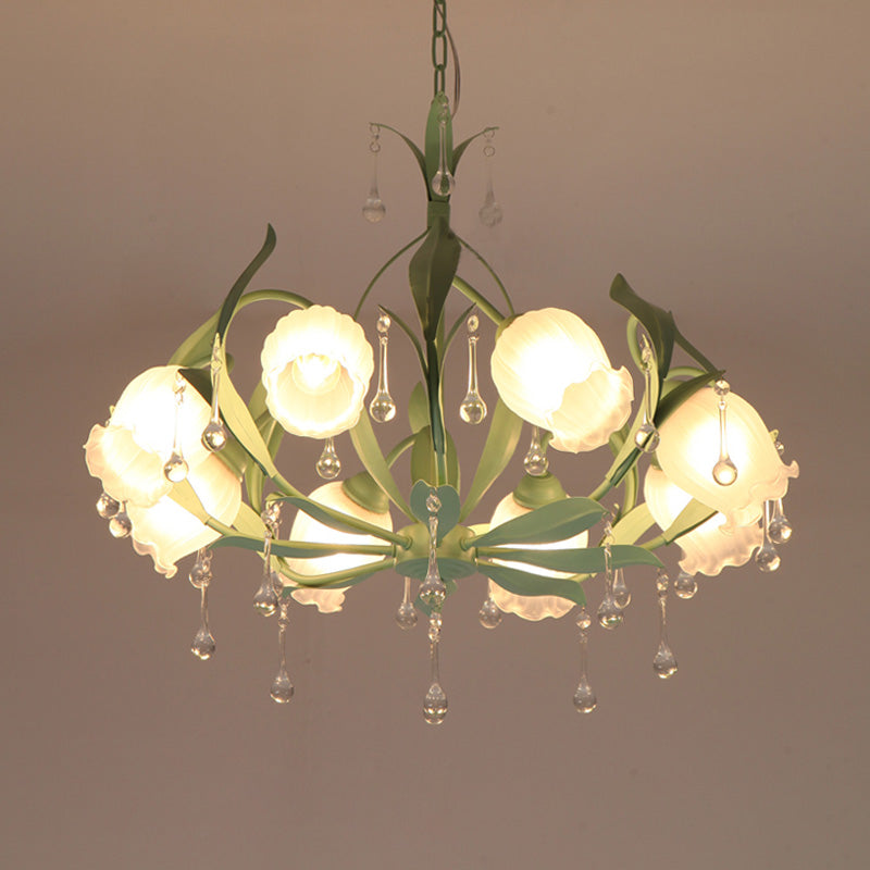 Korean Garden Floral Chandelier Light 3/6/8 Bulbs Opaline Glass LED Pendant Lighting in Pink/Green for Living Room Clearhalo 'Ceiling Lights' 'Chandeliers' 'Glass shade' 'Glass' Lighting' 465174