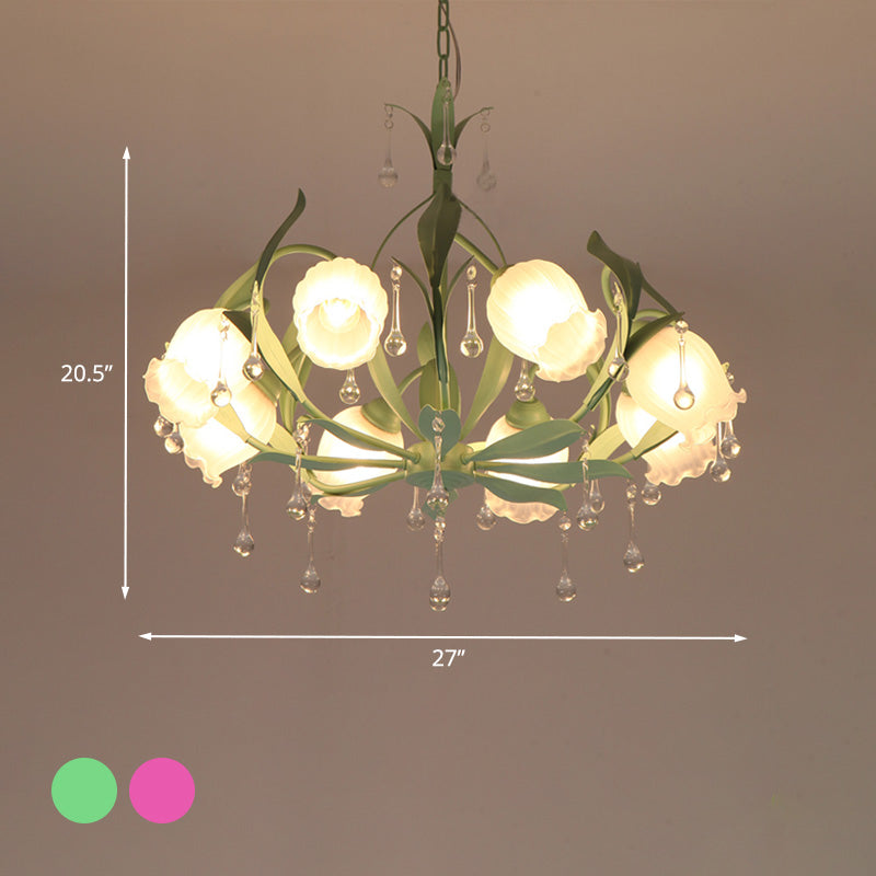Korean Garden Floral Chandelier Light 3/6/8 Bulbs Opaline Glass LED Pendant Lighting in Pink/Green for Living Room Clearhalo 'Ceiling Lights' 'Chandeliers' 'Glass shade' 'Glass' Lighting' 465175