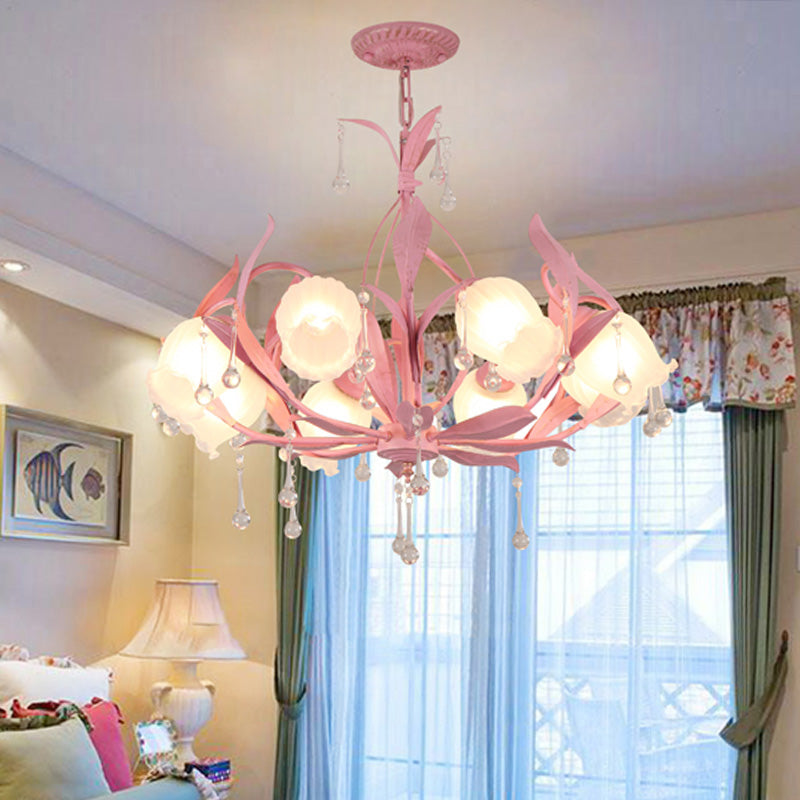 Korean Garden Floral Chandelier Light 3/6/8 Bulbs Opaline Glass LED Pendant Lighting in Pink/Green for Living Room 8 Pink Clearhalo 'Ceiling Lights' 'Chandeliers' 'Glass shade' 'Glass' Lighting' 465176