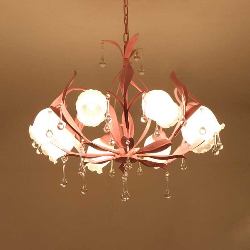 Korean Garden Floral Chandelier Light 3/6/8 Bulbs Opaline Glass LED Pendant Lighting in Pink/Green for Living Room Clearhalo 'Ceiling Lights' 'Chandeliers' 'Glass shade' 'Glass' Lighting' 465177