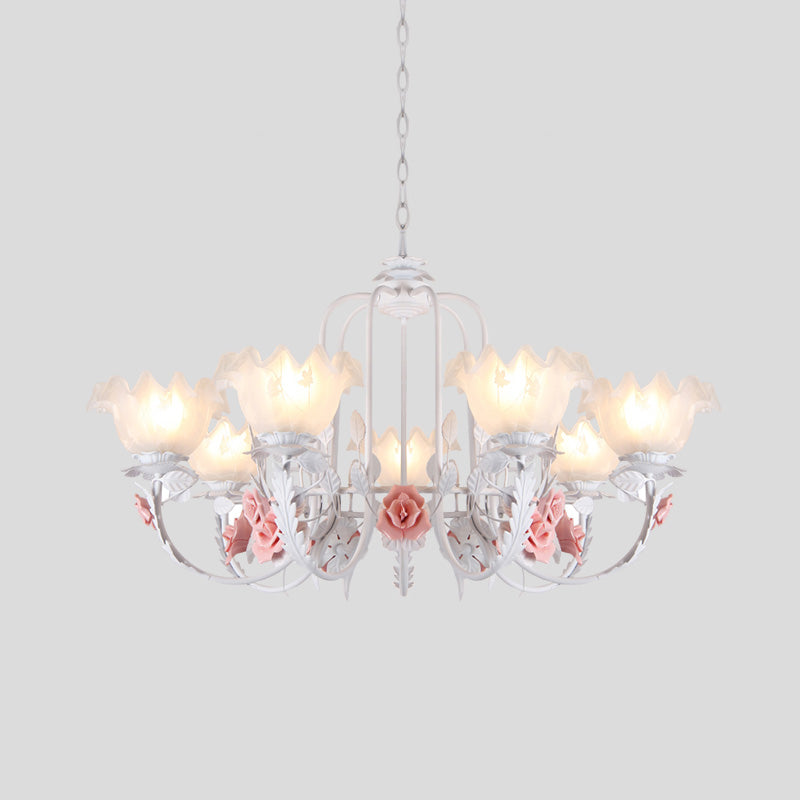 Scalloped Bedroom Chandelier Lighting Fixture Pastoral White Glass 5/7 Lights Pink LED Hanging Ceiling Light Clearhalo 'Ceiling Lights' 'Chandeliers' Lighting' options 465220