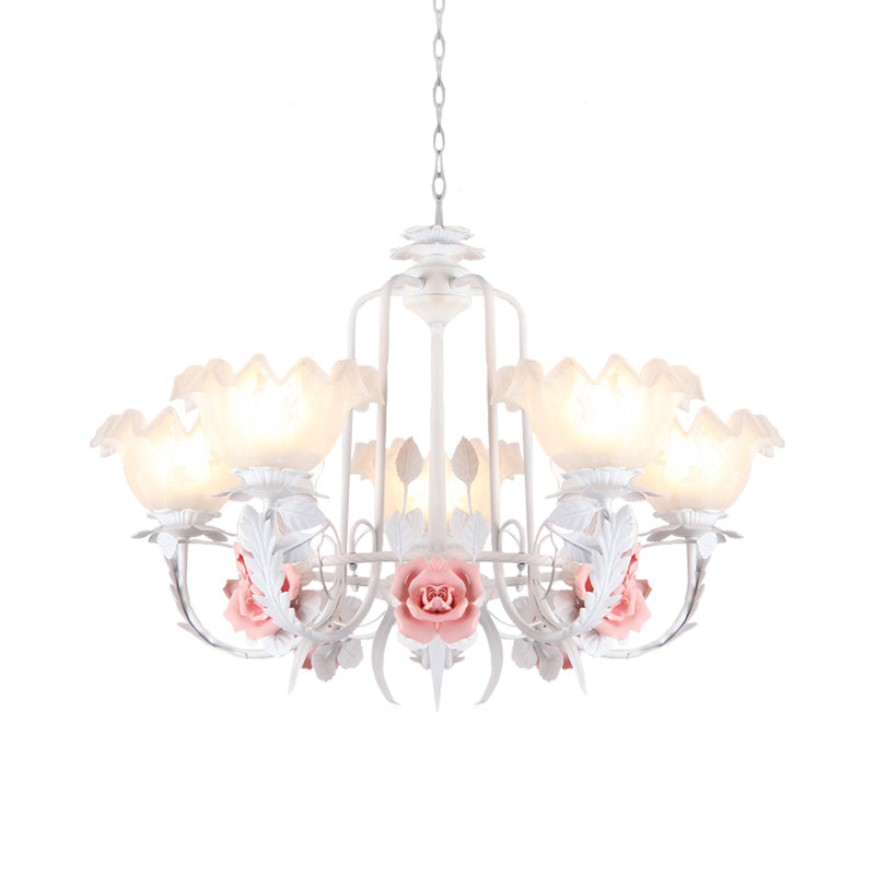 Scalloped Bedroom Chandelier Lighting Fixture Pastoral White Glass 5/7 Lights Pink LED Hanging Ceiling Light Clearhalo 'Ceiling Lights' 'Chandeliers' Lighting' options 465224