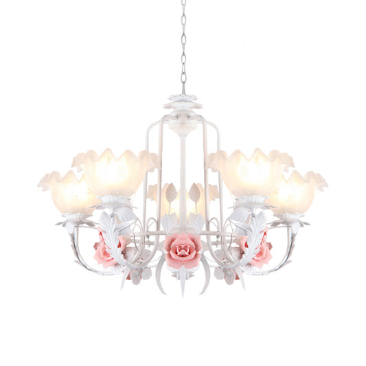 Scalloped Bedroom Chandelier Lighting Fixture Pastoral White Glass 5/7 Lights Pink LED Hanging Ceiling Light Clearhalo 'Ceiling Lights' 'Chandeliers' Lighting' options 465224