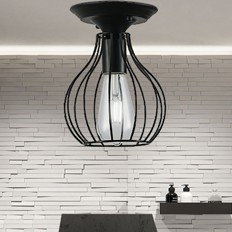 Oval/Bell Cage Iron Ceiling Lamp Industrial Stylish 1 Head Corridor Semi Flush Pendant Light in Black Clearhalo 'Ceiling Lights' 'Close To Ceiling Lights' 'Close to ceiling' 'Semi-flushmount' Lighting' 465239