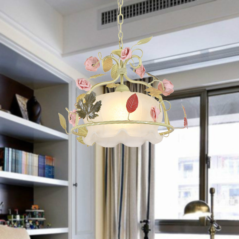 Countryside Scallop Chandelier Light Fixture 3 Bulbs Opal Glass LED Drop Pendant in White/Green for Living Room Green Clearhalo 'Ceiling Lights' 'Chandeliers' 'Glass shade' 'Glass' 'Island Lights' Lighting' 465273