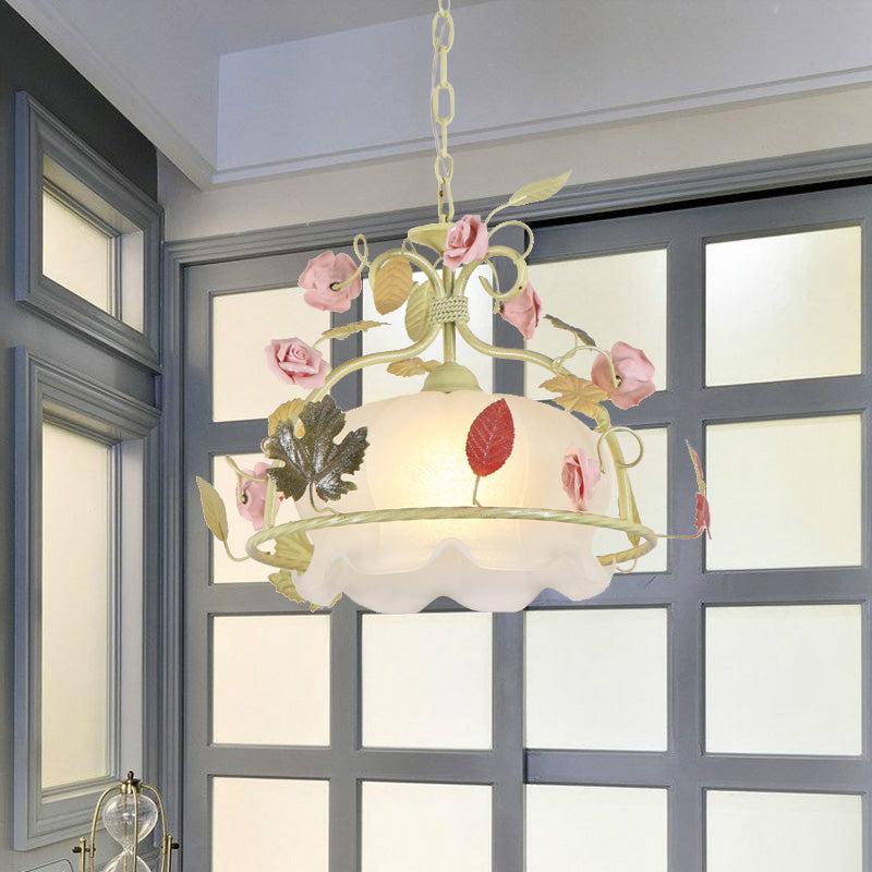 Countryside Scallop Chandelier Light Fixture 3 Bulbs Opal Glass LED Drop Pendant in White/Green for Living Room Clearhalo 'Ceiling Lights' 'Chandeliers' 'Glass shade' 'Glass' 'Island Lights' Lighting' 465274