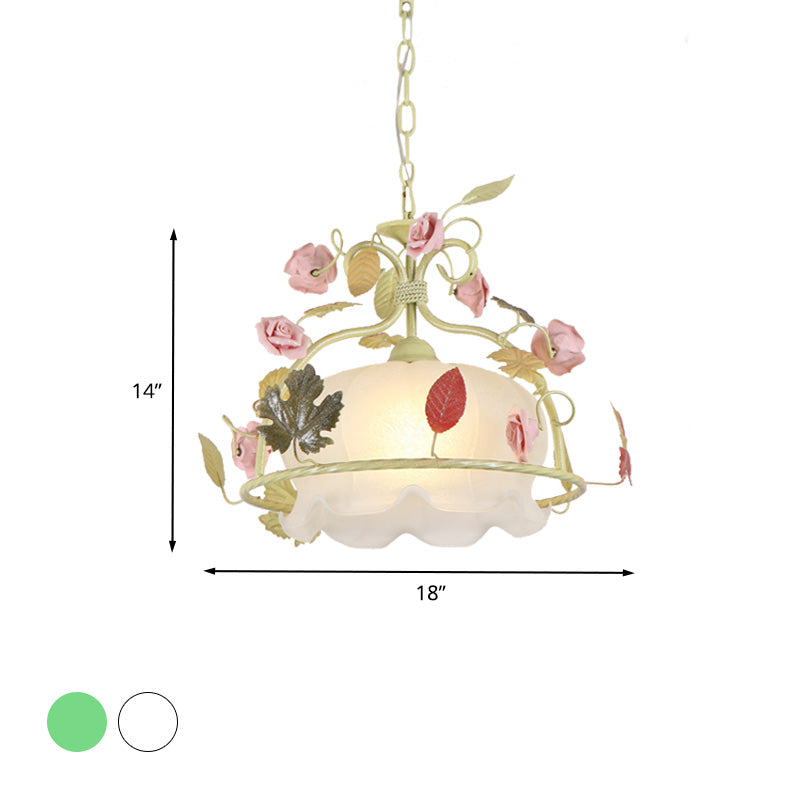 Countryside Scallop Chandelier Light Fixture 3 Bulbs Opal Glass LED Drop Pendant in White/Green for Living Room Clearhalo 'Ceiling Lights' 'Chandeliers' 'Glass shade' 'Glass' 'Island Lights' Lighting' 465277