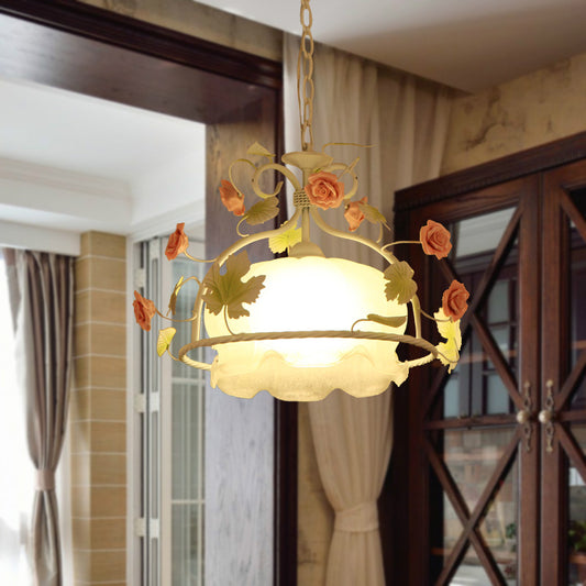 Countryside Scallop Chandelier Light Fixture 3 Bulbs Opal Glass LED Drop Pendant in White/Green for Living Room White Clearhalo 'Ceiling Lights' 'Chandeliers' 'Glass shade' 'Glass' 'Island Lights' Lighting' 465278