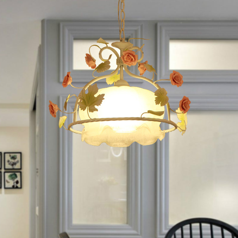 Countryside Scallop Chandelier Light Fixture 3 Bulbs Opal Glass LED Drop Pendant in White/Green for Living Room Clearhalo 'Ceiling Lights' 'Chandeliers' 'Glass shade' 'Glass' 'Island Lights' Lighting' 465279