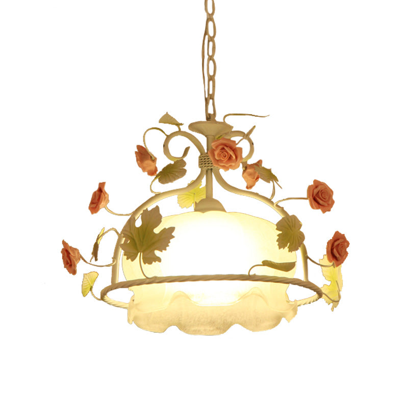 Countryside Scallop Chandelier Light Fixture 3 Bulbs Opal Glass LED Drop Pendant in White/Green for Living Room Clearhalo 'Ceiling Lights' 'Chandeliers' 'Glass shade' 'Glass' 'Island Lights' Lighting' 465280