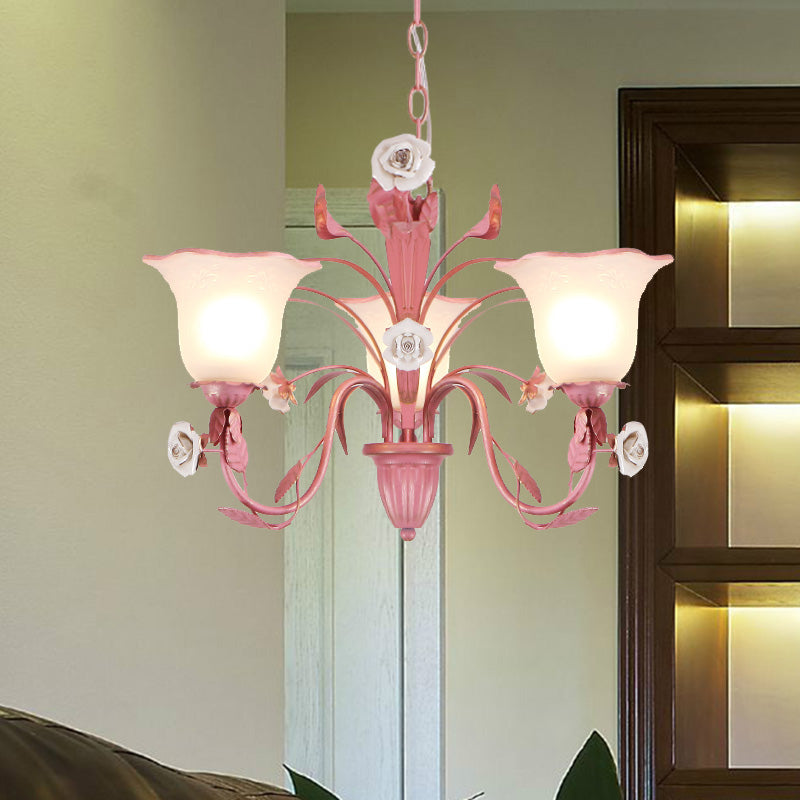 Country Flared Chandelier Lighting Fixture 3/5/7 Bulbs Metal LED Drop Pendant in Pink/Blue for Bedroom Clearhalo 'Ceiling Lights' 'Chandeliers' Lighting' options 465334