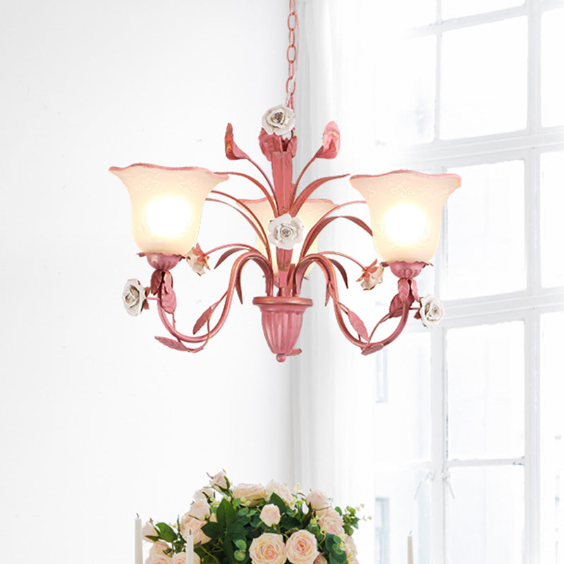 Country Flared Chandelier Lighting Fixture 3/5/7 Bulbs Metal LED Drop Pendant in Pink/Blue for Bedroom Clearhalo 'Ceiling Lights' 'Chandeliers' Lighting' options 465335