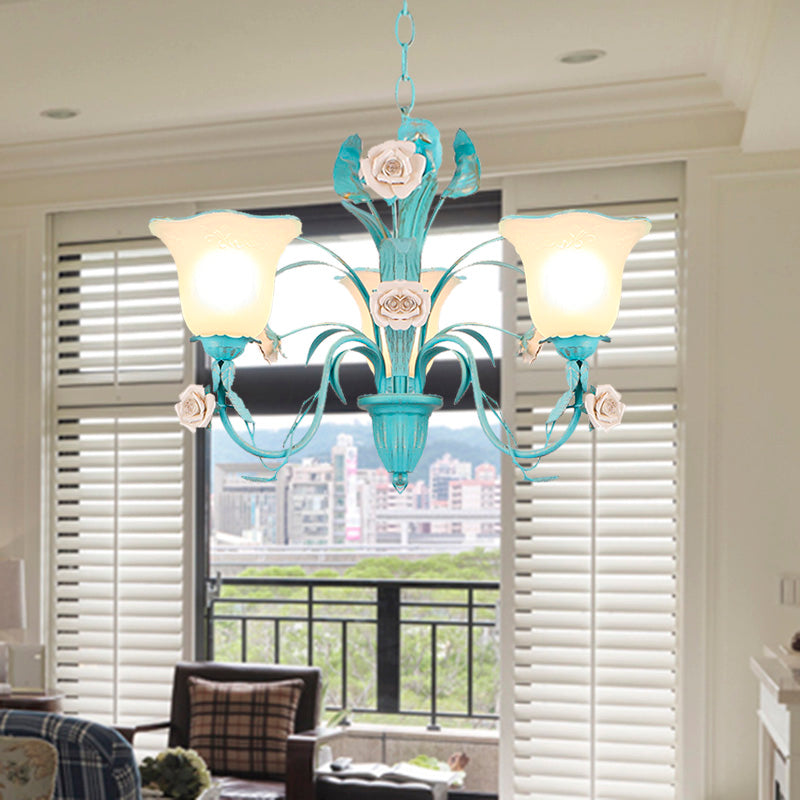 Country Flared Chandelier Lighting Fixture 3/5/7 Bulbs Metal LED Drop Pendant in Pink/Blue for Bedroom Clearhalo 'Ceiling Lights' 'Chandeliers' Lighting' options 465340