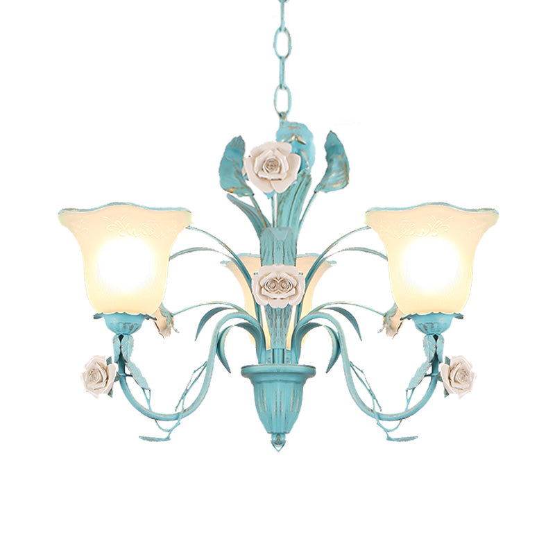 Country Flared Chandelier Lighting Fixture 3/5/7 Bulbs Metal LED Drop Pendant in Pink/Blue for Bedroom Clearhalo 'Ceiling Lights' 'Chandeliers' Lighting' options 465341