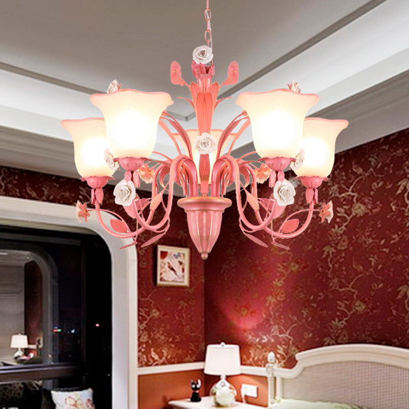 Country Flared Chandelier Lighting Fixture 3/5/7 Bulbs Metal LED Drop Pendant in Pink/Blue for Bedroom Clearhalo 'Ceiling Lights' 'Chandeliers' Lighting' options 465343