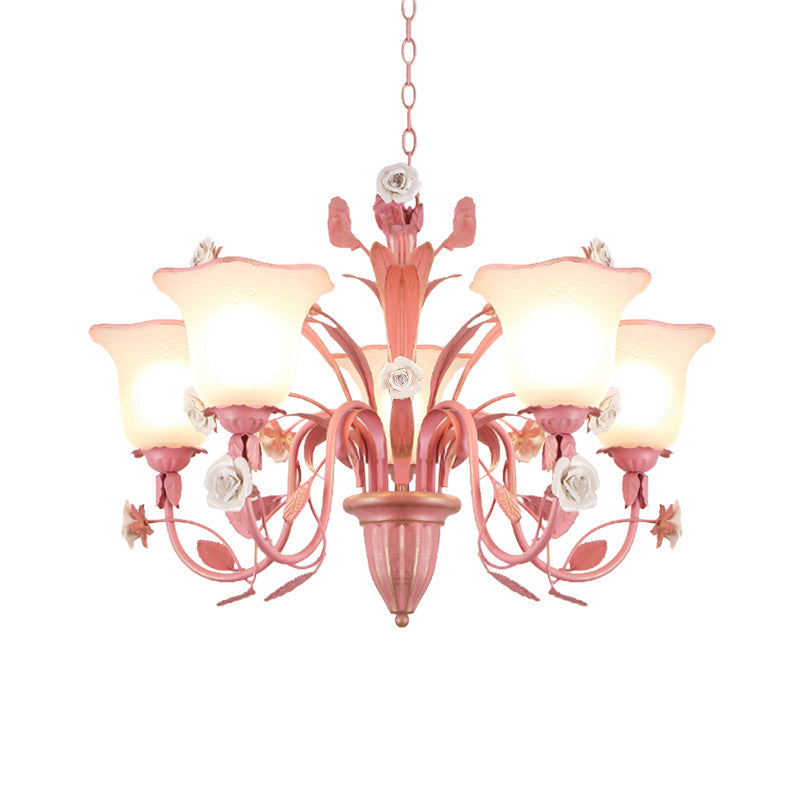 Country Flared Chandelier Lighting Fixture 3/5/7 Bulbs Metal LED Drop Pendant in Pink/Blue for Bedroom Clearhalo 'Ceiling Lights' 'Chandeliers' Lighting' options 465344
