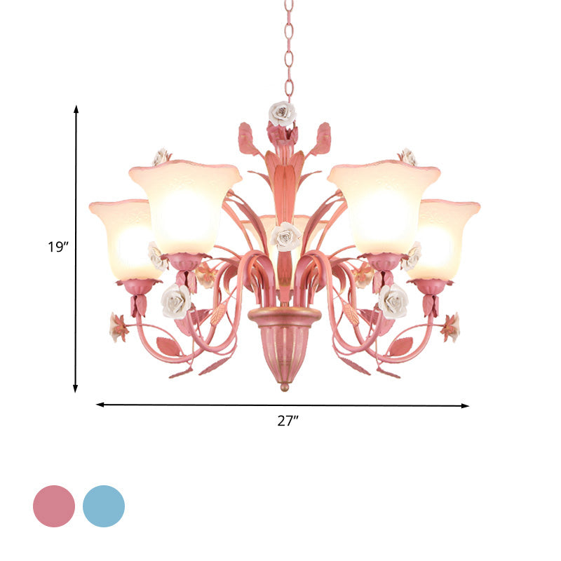 Country Flared Chandelier Lighting Fixture 3/5/7 Bulbs Metal LED Drop Pendant in Pink/Blue for Bedroom Clearhalo 'Ceiling Lights' 'Chandeliers' Lighting' options 465345