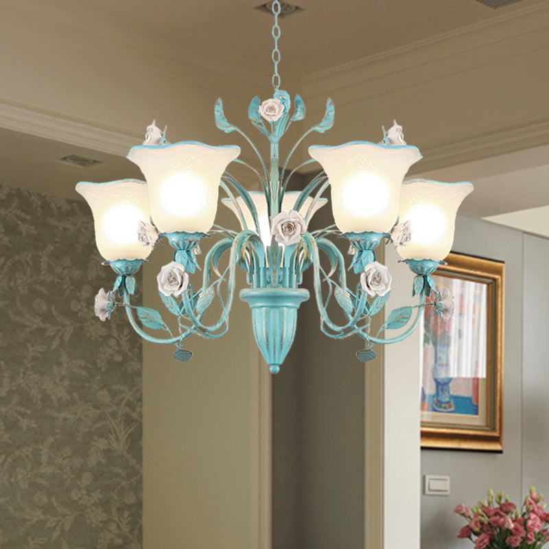 Country Flared Chandelier Lighting Fixture 3/5/7 Bulbs Metal LED Drop Pendant in Pink/Blue for Bedroom Clearhalo 'Ceiling Lights' 'Chandeliers' Lighting' options 465347
