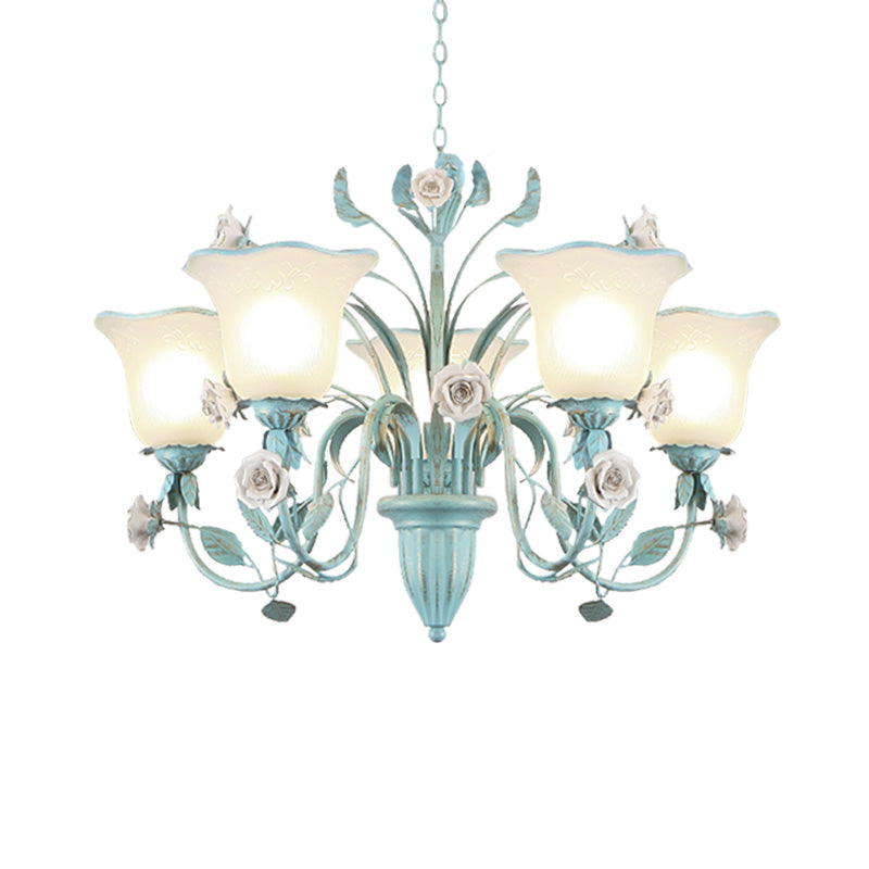 Country Flared Chandelier Lighting Fixture 3/5/7 Bulbs Metal LED Drop Pendant in Pink/Blue for Bedroom Clearhalo 'Ceiling Lights' 'Chandeliers' Lighting' options 465348