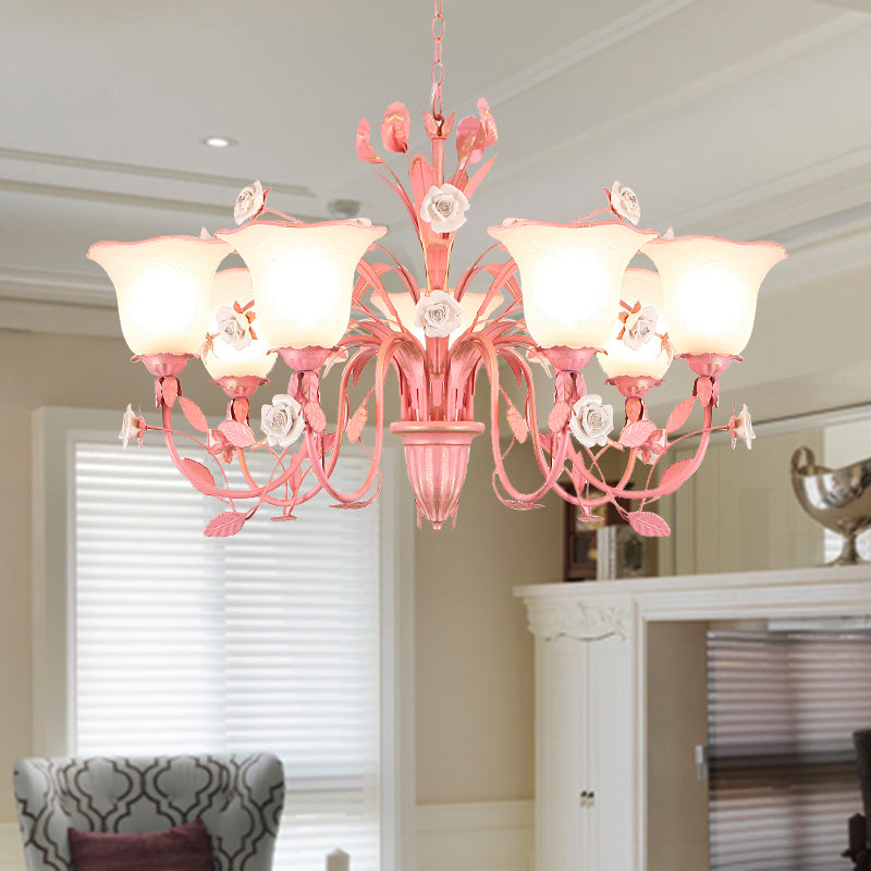 Country Flared Chandelier Lighting Fixture 3/5/7 Bulbs Metal LED Drop Pendant in Pink/Blue for Bedroom Clearhalo 'Ceiling Lights' 'Chandeliers' Lighting' options 465349