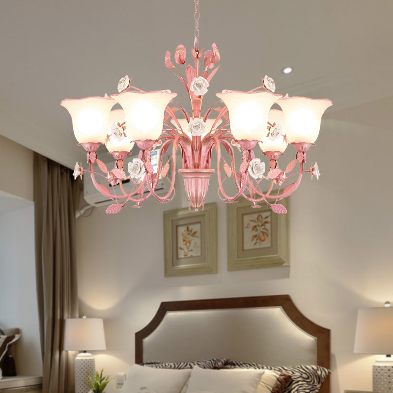 Country Flared Chandelier Lighting Fixture 3/5/7 Bulbs Metal LED Drop Pendant in Pink/Blue for Bedroom Clearhalo 'Ceiling Lights' 'Chandeliers' Lighting' options 465350