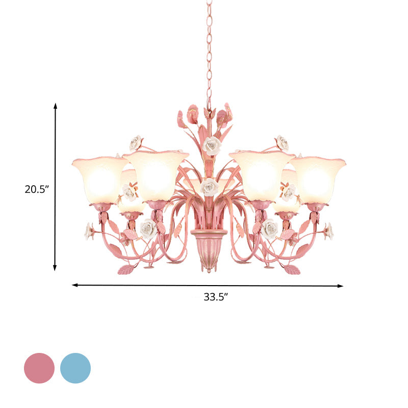 Country Flared Chandelier Lighting Fixture 3/5/7 Bulbs Metal LED Drop Pendant in Pink/Blue for Bedroom Clearhalo 'Ceiling Lights' 'Chandeliers' Lighting' options 465352
