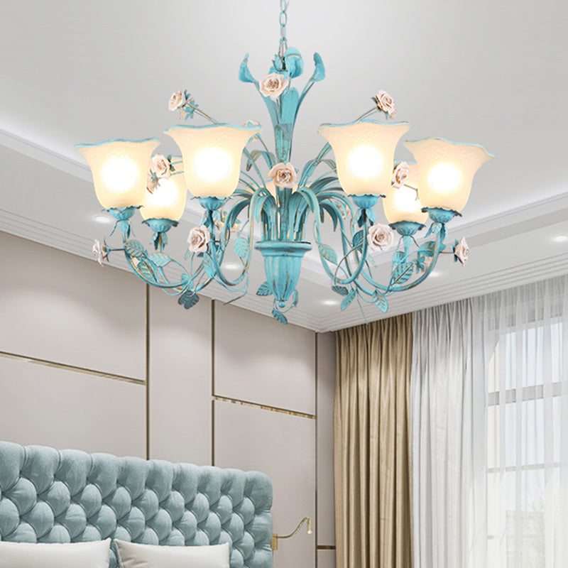 Country Flared Chandelier Lighting Fixture 3/5/7 Bulbs Metal LED Drop Pendant in Pink/Blue for Bedroom Clearhalo 'Ceiling Lights' 'Chandeliers' Lighting' options 465353