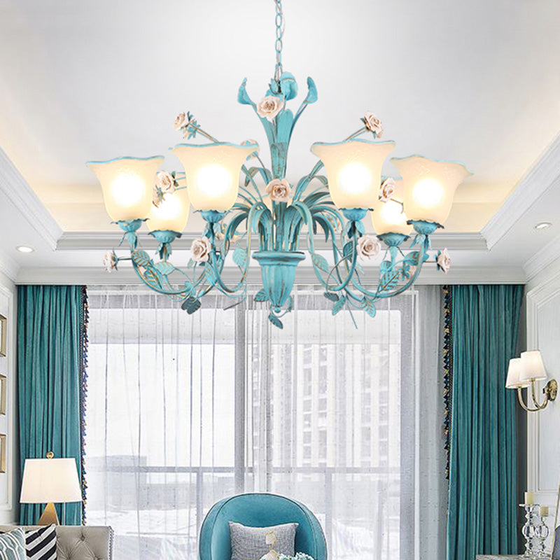 Country Flared Chandelier Lighting Fixture 3/5/7 Bulbs Metal LED Drop Pendant in Pink/Blue for Bedroom Clearhalo 'Ceiling Lights' 'Chandeliers' Lighting' options 465354