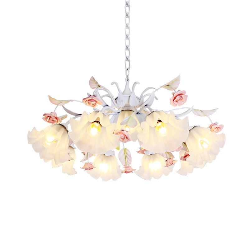 Scalloped Bedroom Pendant Chandelier Pastoral Metal 4/6/9 Heads White Ceiling Suspension Lamp with Rose Decoration Clearhalo 'Ceiling Lights' 'Chandeliers' Lighting' options 465401