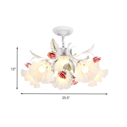 Scalloped Bedroom Pendant Chandelier Pastoral Metal 4/6/9 Heads White Ceiling Suspension Lamp with Rose Decoration Clearhalo 'Ceiling Lights' 'Chandeliers' Lighting' options 465406