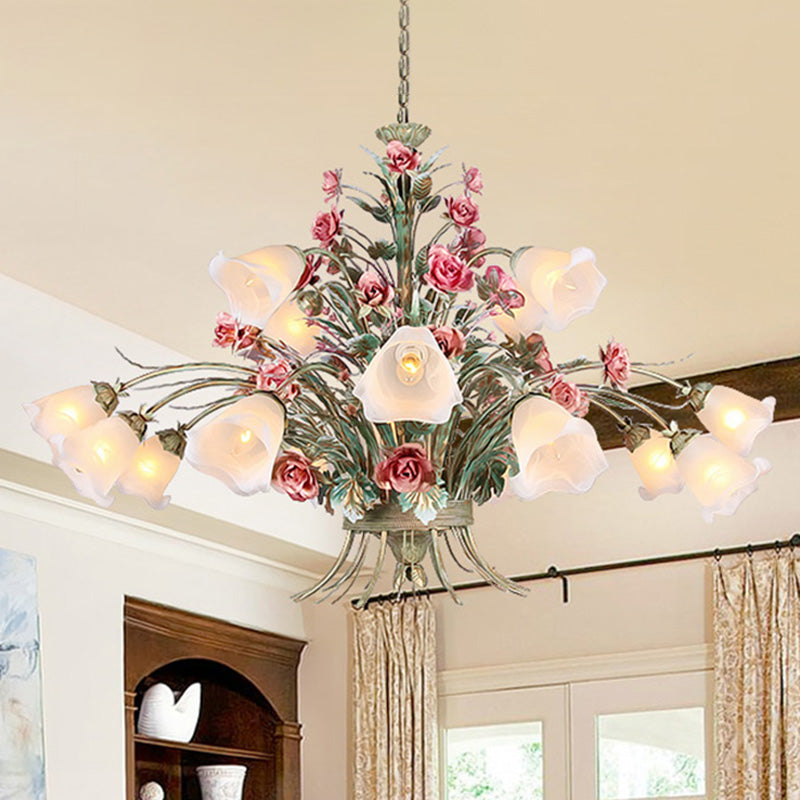 Curving Arm Metal Chandelier Lighting Country Style 16 Bulbs Living Room LED Flower Pendant Light in Green Clearhalo 'Ceiling Lights' 'Chandeliers' Lighting' options 465412