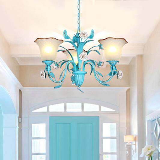 Pastoral Flared Chandelier Pendant Light 3/5/7 Heads Metal LED Suspension Lighting in Blue with Rose Decor Clearhalo 'Ceiling Lights' 'Chandeliers' Lighting' options 465434