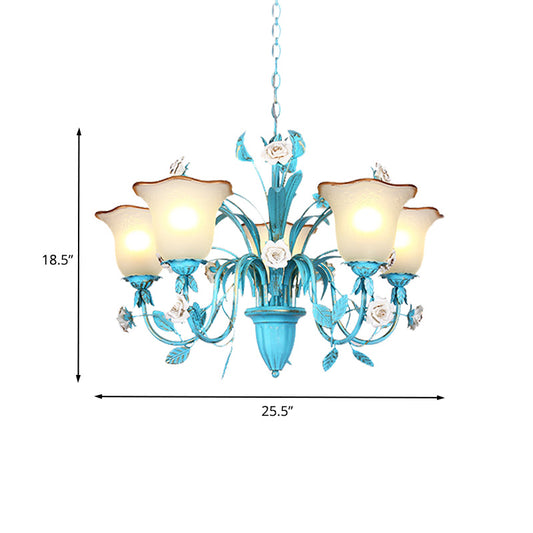 Pastoral Flared Chandelier Pendant Light 3/5/7 Heads Metal LED Suspension Lighting in Blue with Rose Decor Clearhalo 'Ceiling Lights' 'Chandeliers' Lighting' options 465442