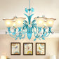 Pastoral Flared Chandelier Pendant Light 3/5/7 Heads Metal LED Suspension Lighting in Blue with Rose Decor Clearhalo 'Ceiling Lights' 'Chandeliers' Lighting' options 465443