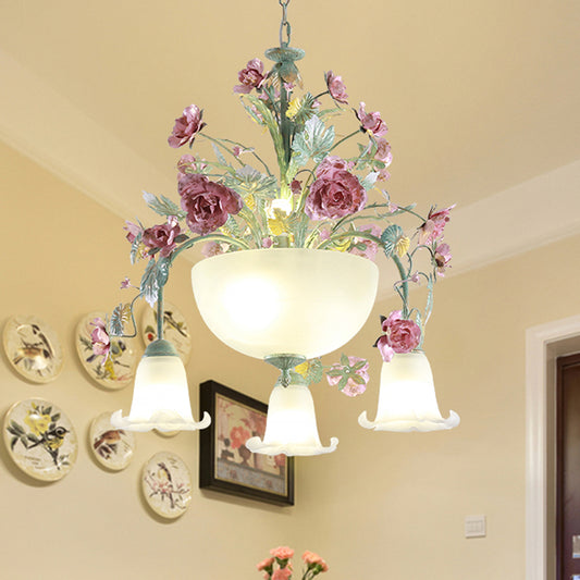 Metal Bowl Chandelier Light Romantic Pastoral 5/7 Bulbs Dining Room Drop Lamp in Green with Rose Clearhalo 'Ceiling Lights' 'Chandeliers' Lighting' options 465466