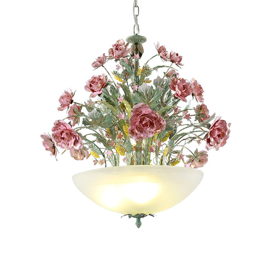 Metal Bowl Chandelier Light Romantic Pastoral 5/7 Bulbs Dining Room Drop Lamp in Green with Rose Clearhalo 'Ceiling Lights' 'Chandeliers' Lighting' options 465473