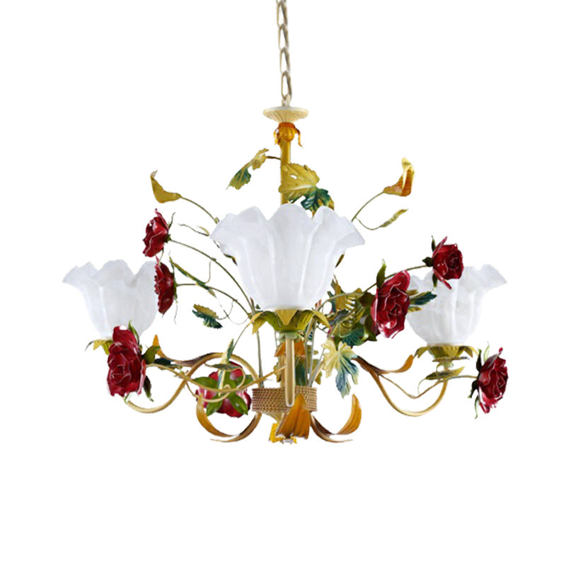 Green Scalloped Chandelier Lamp Pastoral Metal 3/12 Heads Living Room Ceiling Pendant Light Clearhalo 'Ceiling Lights' 'Chandeliers' Lighting' options 465550