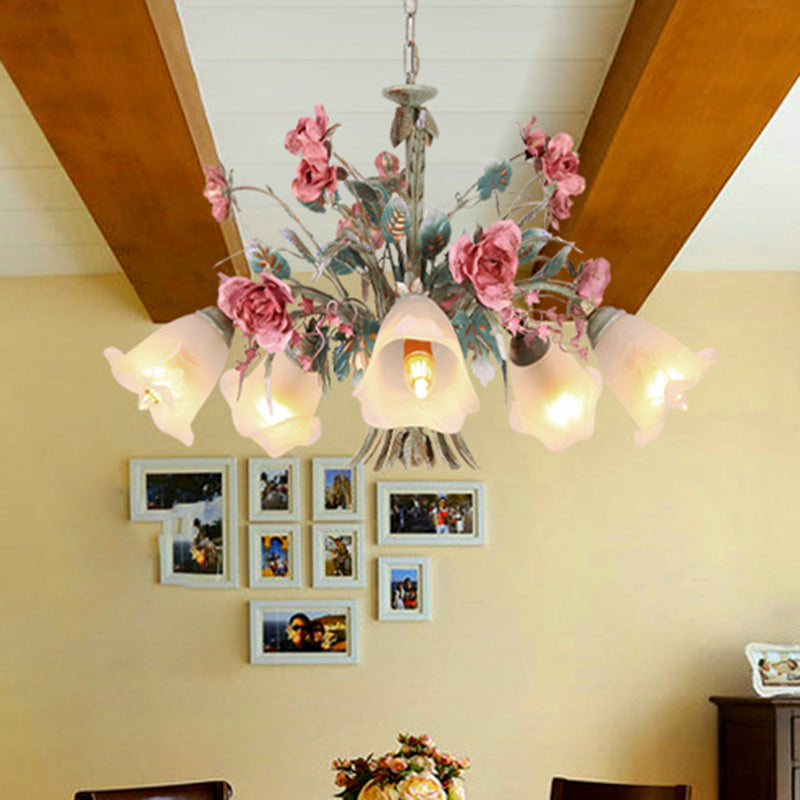 Metal Green Chandelier Light Fixture Flared 5/8 Bulbs Countryside Rose Down Lighting for Living Room 5 Green Clearhalo 'Ceiling Lights' 'Chandeliers' Lighting' options 465554_d5ad3383-71d4-4d6b-8db2-c5fb7d4785e6