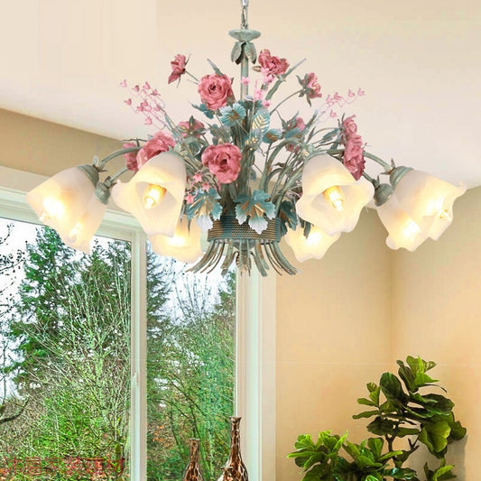 Metal Green Chandelier Light Fixture Flared 5/8 Bulbs Countryside Rose Down Lighting for Living Room Clearhalo 'Ceiling Lights' 'Chandeliers' Lighting' options 465559