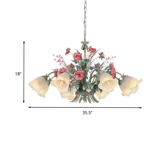 Metal Green Chandelier Light Fixture Flared 5/8 Bulbs Countryside Rose Down Lighting for Living Room Clearhalo 'Ceiling Lights' 'Chandeliers' Lighting' options 465562