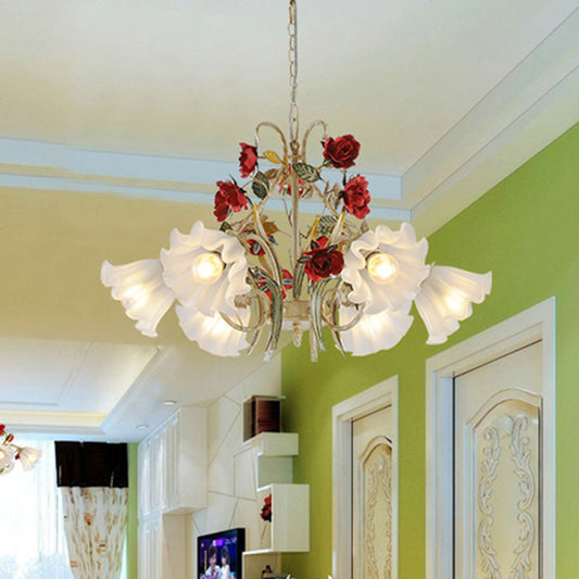 Beige 3/6/8 Lights Hanging Chandelier Pastoral Metal Scalloped Pendant Light Fixture with Flower for Living Room Clearhalo 'Ceiling Lights' 'Chandeliers' Lighting' options 465603
