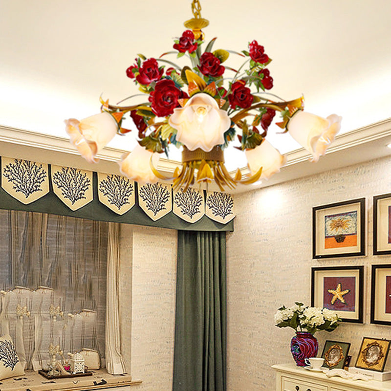 Metal Yellow Ceiling Chandelier Flared 5/8 Bulbs Countryside LED Hanging Light Kit for Living Room 5 Yellow Clearhalo 'Ceiling Lights' 'Chandeliers' Lighting' options 465623_b44f63d8-54f4-47b7-94c5-d1304a0a1ae7