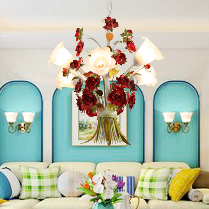 Pastoral Bloom Chandelier Light 3/6 Bulbs Metal LED Pendant Lighting in White for Bedroom Clearhalo 'Ceiling Lights' 'Chandeliers' Lighting' options 465648