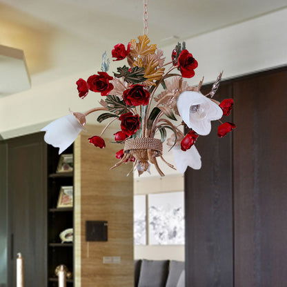 Curvy Arm Metal Chandelier Lighting Country Style 3/6 Bulbs Living Room LED Flower Pendant Light in Coffee 3 Coffee Clearhalo 'Ceiling Lights' 'Chandeliers' Lighting' options 465657_fee91068-de08-4983-953d-cd146052ec86