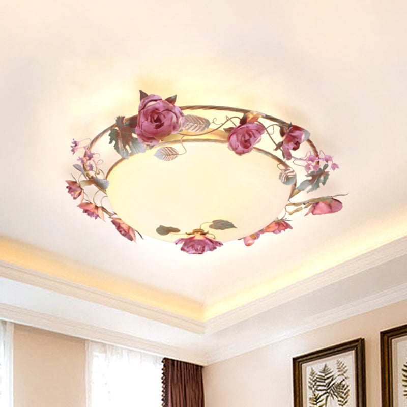 Bowl Dining Room Ceiling Lamp Countryside Metal 2/3/4 Bulbs White Flush Mount Light Fixture with Flower Decor