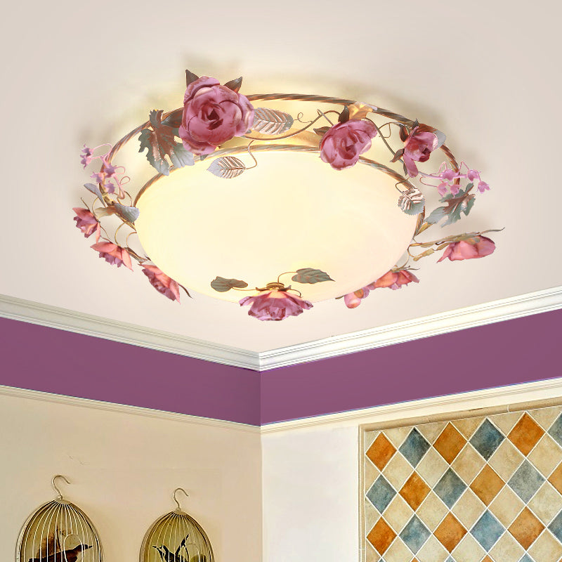 Bowl Dining Room Ceiling Lamp Countryside Metal 2/3/4 Bulbs White Flush Mount Light Fixture with Flower Decor Clearhalo 'Ceiling Lights' 'Close To Ceiling Lights' 'Close to ceiling' 'Flush mount' Lighting' 465740